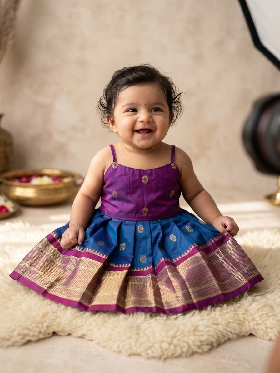 A baby girl wearing a purple and blue traditional Indian dress with gold zari work, sitting on a cream-colored shag rug.